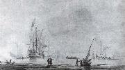 Monamy, Peter A two-decker man-o-war,stern quarter view,and a yacht in a quiet estuary oil painting artist